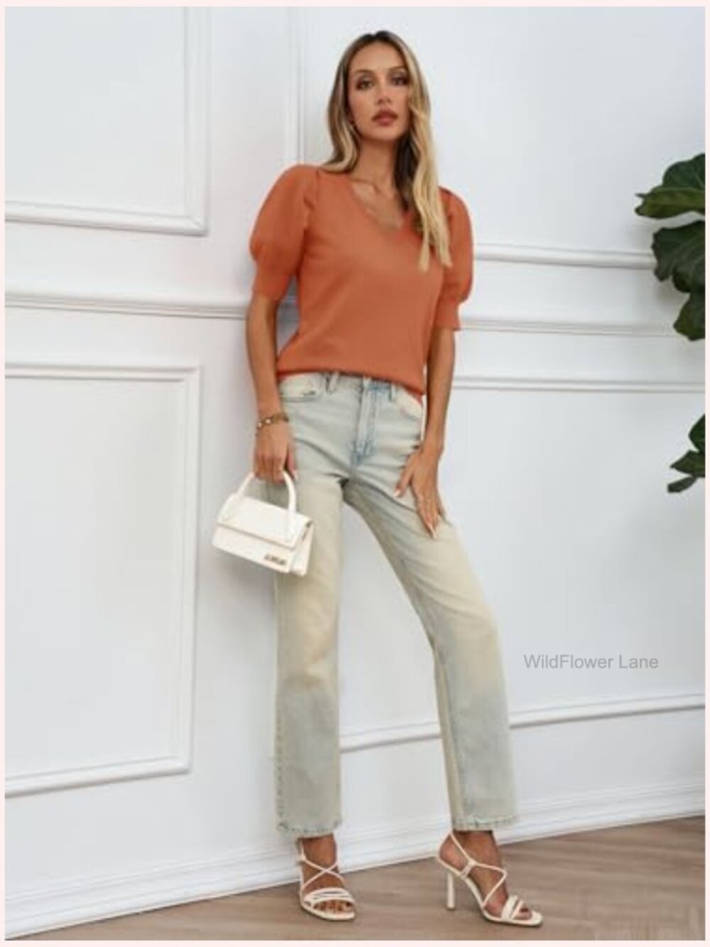 Short Sleeve Puff Sweater Top V-Neck Knit Pullover Blouse - Picture 5 of 7